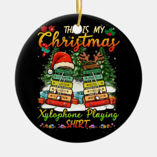 Kerstmis xylofoon spelen drie Santa Elf xyloph Keramisch Ornament (Voorkant)