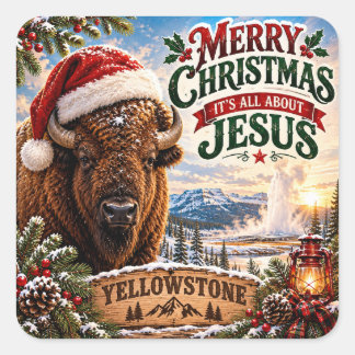Kerstmis Yellowstone Bizon Prettig Kerstfeest Vierkante Sticker
