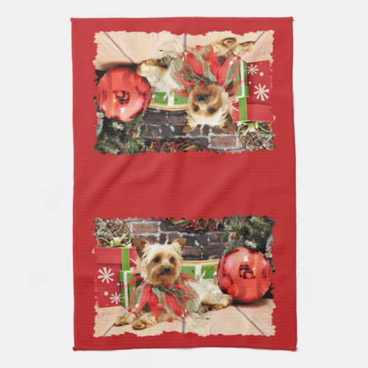 Kerstmis - Yorkie - Kinsey Theedoek (Verticaal)