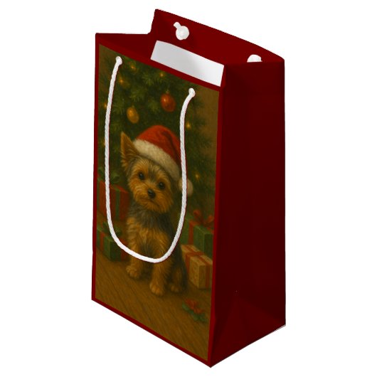 Kerstmis Yorkie Klein Cadeauzakje (Voorkant Gekanteld)