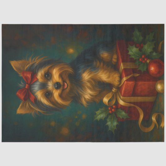 Kerstmis Yorkie op cadeau decoupage Tissuepapier (Voorkant)