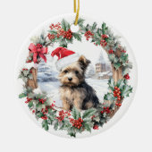 Kerstmis Yorkshire terrier hond puppy Santa hoed Keramisch Ornament (Voorkant)