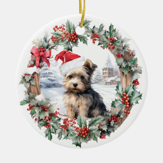 Kerstmis Yorkshire terrier hond puppy Santa hoed Keramisch Ornament (Voorkant)