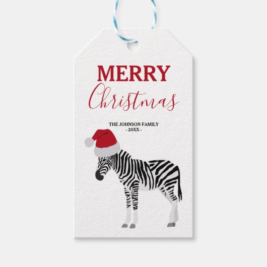 Kerstmis Zebra Funny Animal met Santa Hat Cadeaulabel (Voorkant)