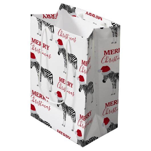Kerstmis Zebra Funny Animal met Santa Hat Medium Cadeauzakje (Voorkant Gekanteld)
