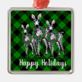 Kerstmis zebra's met een kerstkrans, groene geruit metalen ornament (Voorkant)