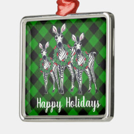Kerstmis zebra's met een kerstkrans, groene geruit metalen ornament