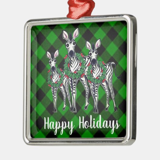 Kerstmis zebra's met een kerstkrans, groene geruit metalen ornament (Links)