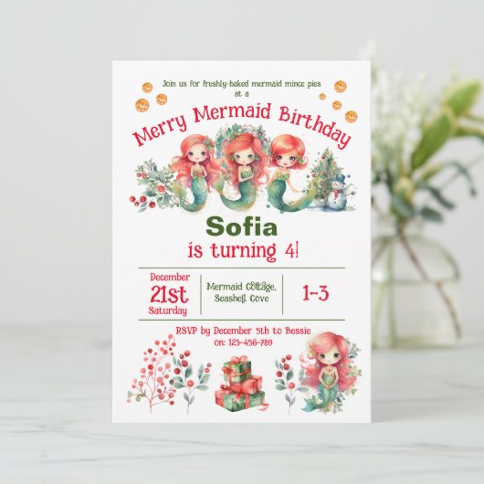 Kerstmis Zeemeermin Verjaardagsfeestuitnodiging Kaart (Staand voorkant)