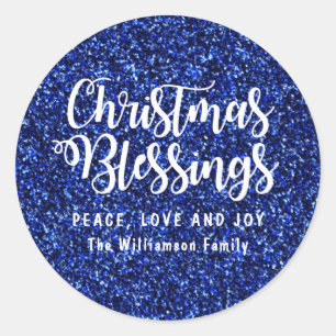 Kerstmis Zegeningen Witte Tekst op Blauwe Glitter Ronde Sticker