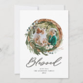 Kerstmis zilver gezegend script botanische 1 foto feestdagenkaart (Voorkant)