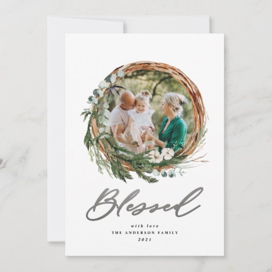 Kerstmis zilver gezegend script botanische 1 foto feestdagenkaart (Voorkant)