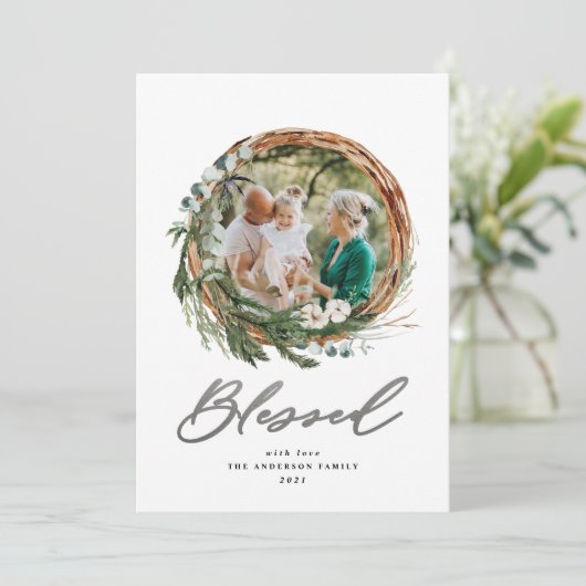 Kerstmis zilver gezegend script botanische 1 foto feestdagenkaart (Staand voorkant)