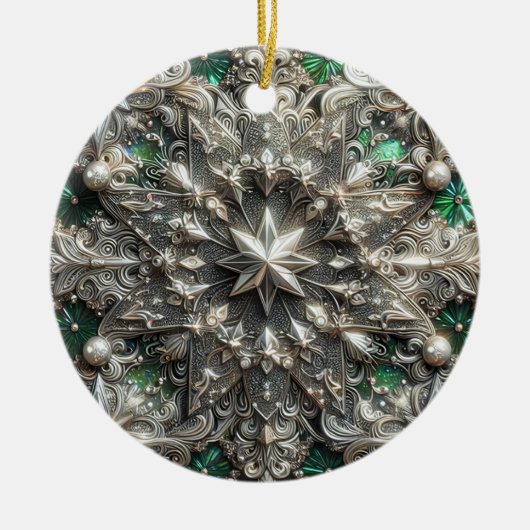 KERSTMIS Zilver Paarse Groene 3D Star ~ Keramisch Ornament (Voorkant)