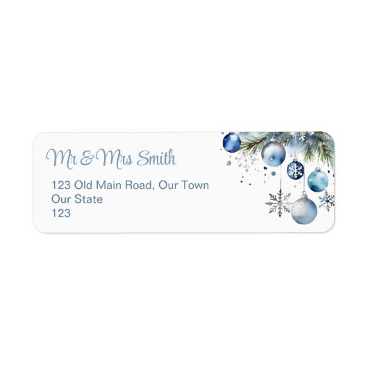 Kerstmis zilveren blauwe balletjes besneeuwde denn etiket (Voorkant)