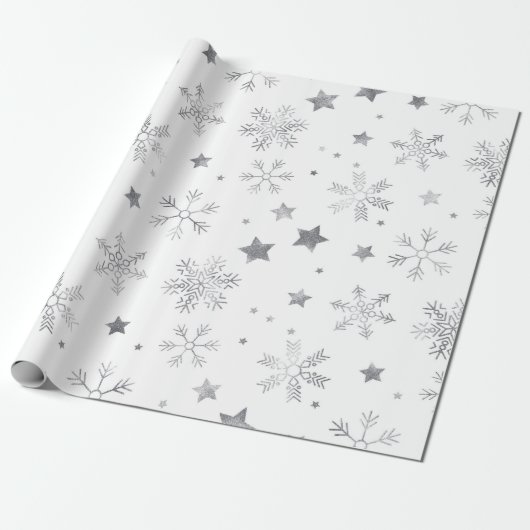 Kerstmis - Zilveren Snowflakes Stars Cadeaupapier (Uitgerold)
