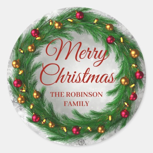 Kerstmis Zilveren Winter Sparkle Feestelijke Krans Ronde Sticker (Voorkant)
