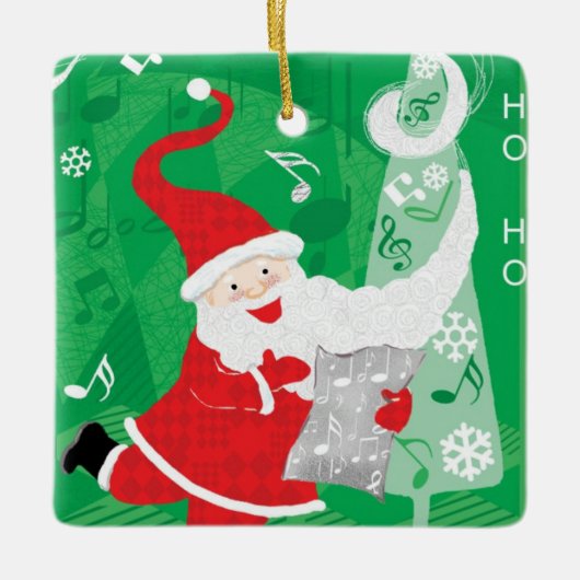 Kerstmis, zingende en dansende kerstman keramisch ornament (Voorkant)