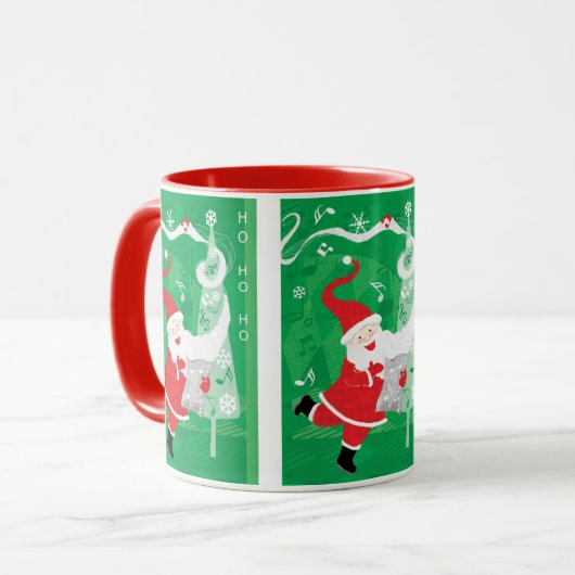 Kerstmis, zingende en dansende kerstman mok (Voorkant links)