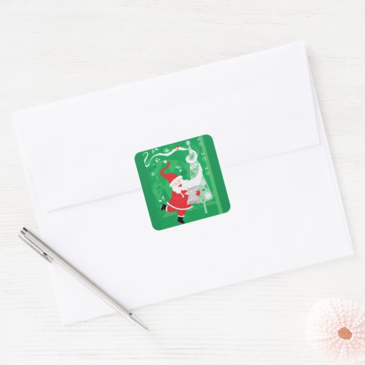 Kerstmis, zingende en dansende kerstman vierkante sticker (Envelop)