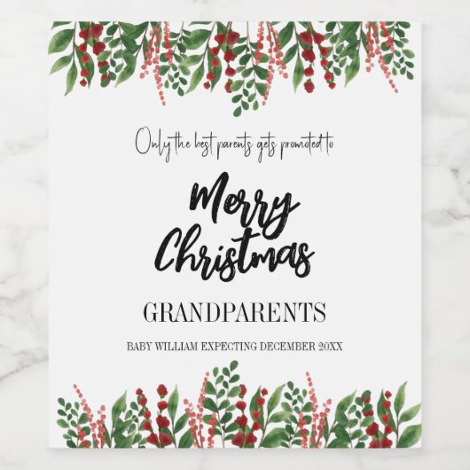 Kerstmis Zwangerschap Baby Aankondiging Grootouder Wijn Etiket (Enkel label)