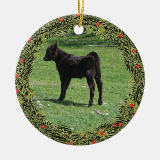 Kerstmis Zwart Angus Kalf Keramisch Ornament (Voorkant)