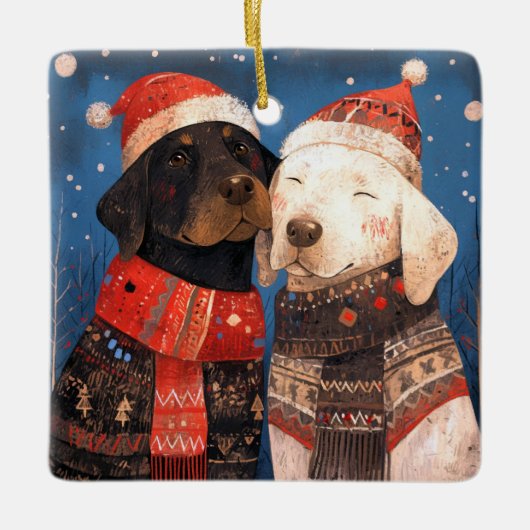 Kerstmis zwart en geel lab vrienden hond keramisch ornament (Voorkant)