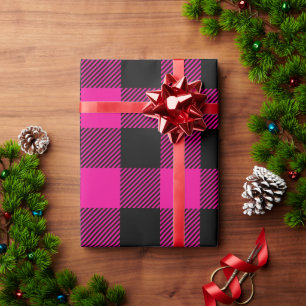 Kerstmis Zwart en Hot Pink Buffalo Plaid Cadeaupapier