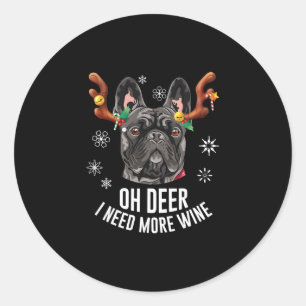 Kerstmis Zwart Frans Bulldog Herten Antlers Wijn L Ronde Sticker