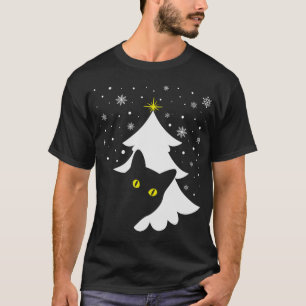 Kerstmis Zwart Kat Kerstboom sneeuw en sterren T-shirt