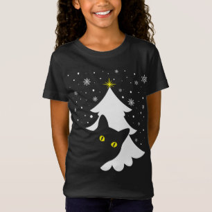 Kerstmis Zwart Kat Kerstboom sneeuw en sterren T-shirt