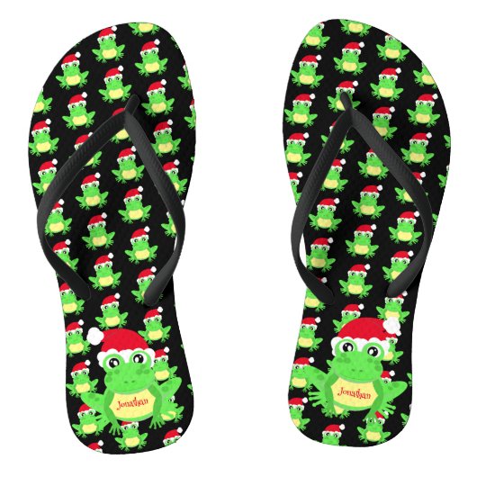 Kerstmis Zwart Kikker Santa Hoed Patroon Naam Teenslippers (Voetbed)