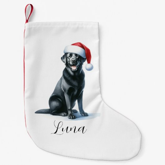 Kerstmis Zwart Labrador Hond in Santa Hoed Kous Kleine Kerstsok (Voorkant)