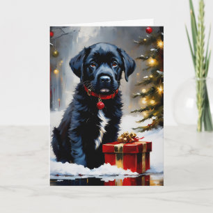 Kerstmis zwart puppy met rood cadeau kaart