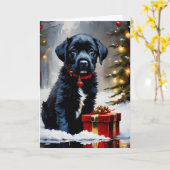 Kerstmis zwart puppy met rood cadeau kaart (Gele Bloem)