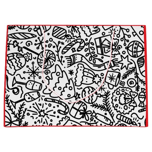 KERSTMIS ZWART-WIT DOODLE PATROON CADEAUZAK GROOT CADEAUZAKJE (Voorkant)