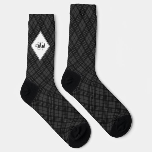 Kerstmis Zwart wit tartan Personaliseer Monogram Sokken (Rechts)