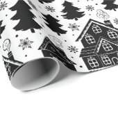 Kerstmis Zwart Witte Huis Bomen Sneeuwvlokken Cadeaupapier (Rol Hoek)