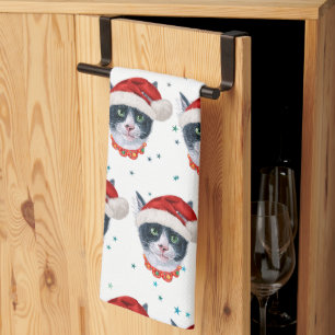 Kerstmis Zwart-Witte Kat Aquarel Theedoek