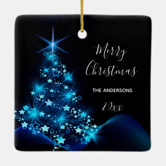 Kerstmis zwarte blauwe schitterende boom familiena keramisch ornament (Achterkant)