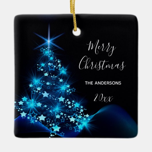 Kerstmis zwarte blauwe schitterende boom familiena keramisch ornament (Voorkant)