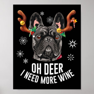 Kerstmis Zwarte Franse Bulldog Herten Geweien Wijn Poster