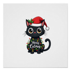Kerstmis Zwarte Kat Kerst Licht Xmas Familie Perfect Poster