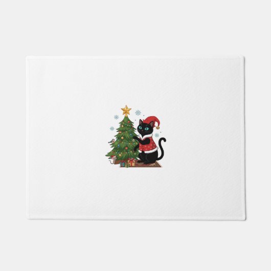 Kerstmis Zwarte Kat Kerstman Hoed Boom Muis Deurmat (Voorkant)