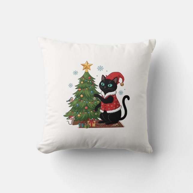 Kerstmis Zwarte Kat Kerstman Hoed Boom Muis Kussen (Voorkant)