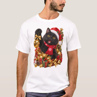 Kerstmis Zwarte Kat Met Gouden Ornamenten T-shirt