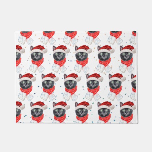 Kerstmis Zwarte Kat met Rode Sjaal Deurmat (Voorkant)
