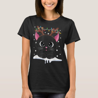 Kerstmis Zwarte Kat Reindester Antlers Catmas Vrou T-shirt
