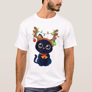 Kerstmis Zwarte Kat Reindester Antlers Catmas Vrou T-shirt
