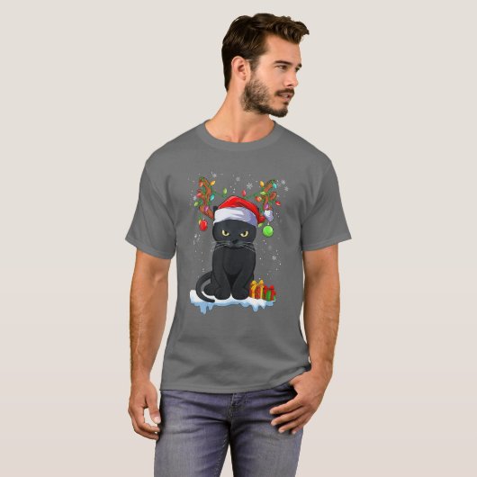 Kerstmis, zwarte kat, rennige Antlers Funny Xmas T-shirt (Voorkant volledig)
